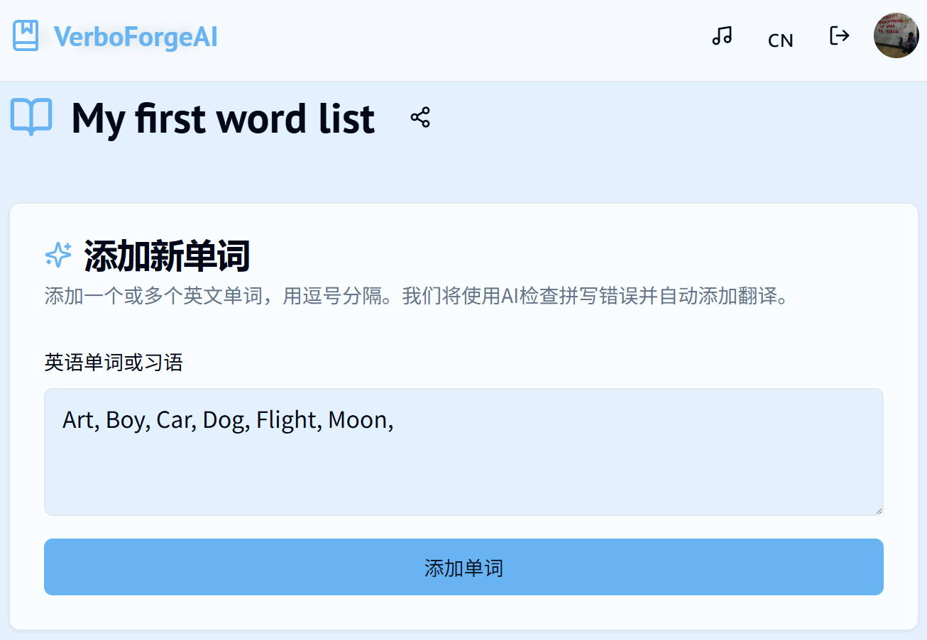 Word list creation with AI corrections and translations.